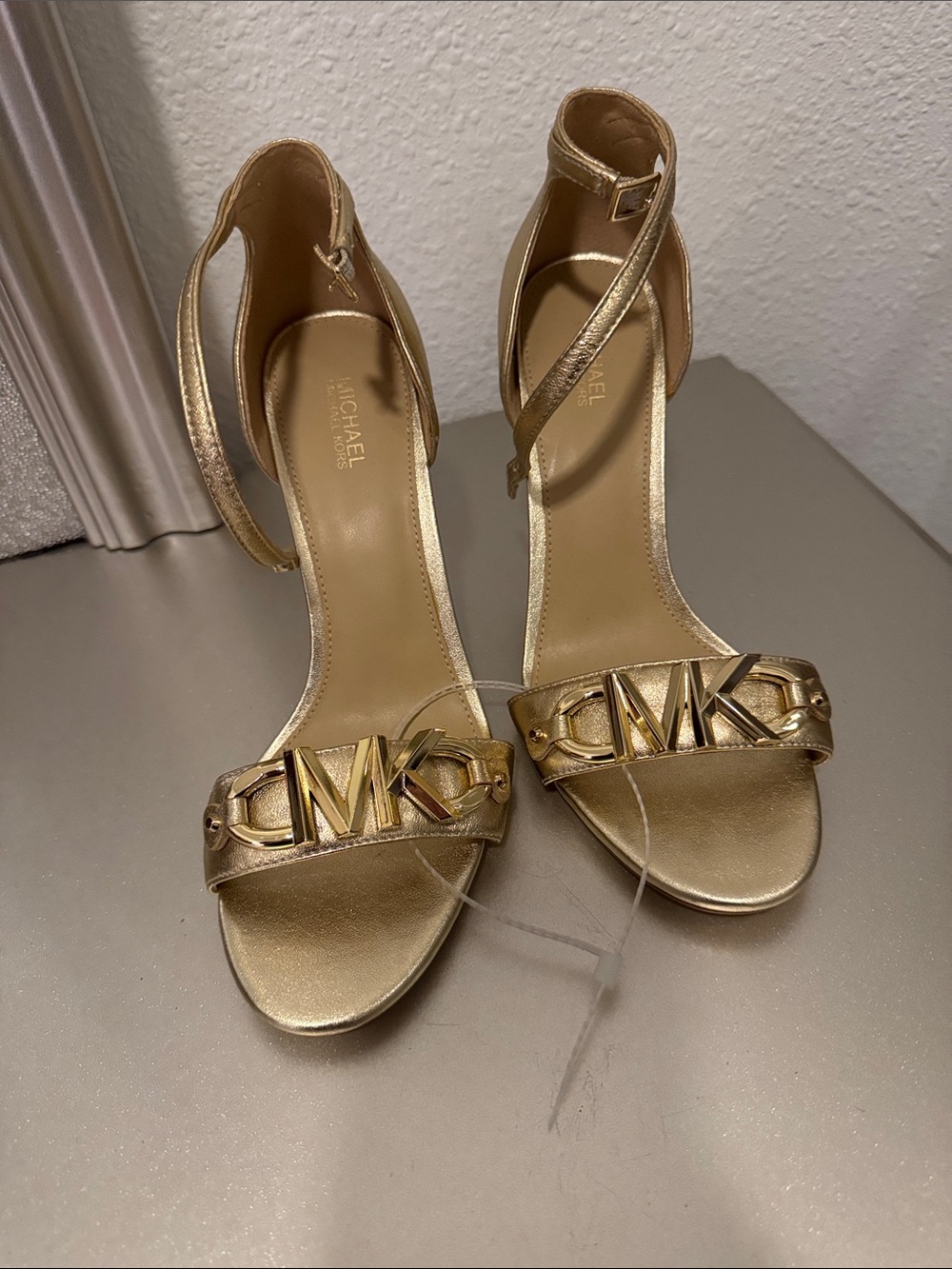 MICHAEL Michael Kors Gold Metallic MK Logo Ankle-Strap Heels